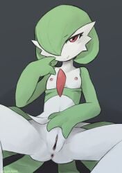 1girl absurdres anus artist_name black_background bob_cut colored_skin flat_chest gardevoir green_hair green_skin hair_over_one_eye highres looking_at_viewer multicolored_skin nipples parted_lips pink_eyes pokemon pokemon_(creature) pussy sealer4258 simple_background smile two-tone_skin white_skin