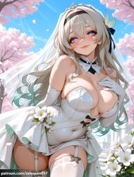 1girl ai_generated arlequin097 bare_shoulders black_hairband blue_eyes blush breasts bridal_veil cherry_blossoms cleavage closed_mouth covered_navel detached_collar dress elbow_gloves facial_mark firefly_(honkai:_star_rail) flower garter_straps gloves gradient_eyes gradient_hair grey_hair hair_between_eyes hair_ornament hairband hand_on_own_chest honkai:_star_rail large_breasts long_hair looking_at_viewer multicolored_eyes multicolored_hair outdoors petals smile solo strapless strapless_dress thighhighs thighs tiara veil wedding_dress white_dress white_gloves white_thighhighs