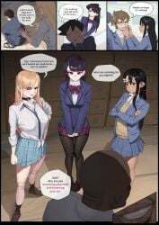 anger_symbol angry angry_expression angry_face black_hair blonde_hair breasts bully closed_mouth clothed clothed_female clothed_male clothing color comic crossed_arms dialogue ear_piercing english_text female female_focus fully_clothed gojou_wakana hand_on_hip hayase_nagatoro human human_only imminent_cheating imminent_sex indoors interrupted kitagawa_marin komi-san_wa_komyushou_desu komi_shouko legwear light_skin looking_at_viewer male medium_breasts multiple_boys multiple_girls my_dress_up_darling naoto_hachioji_(senpai) open_eyes open_mouth orange_eyes piercing pixiv_link please_don't_bully_me,_nagatoro purple_eyes purple_hair shirt skirt smile sono_bisque_doll_wa_koi_wo_suru standing tadano_hitohito tan_body tan_skin text thighs twitter_link wjs07