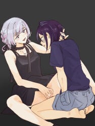 2girls barefoot black_background black_dress blue_eyes blue_hair blue_shorts blush braid braided_hair_rings cargo_shorts cho_kaguya-hime! clothes_lift commentary cone_hair_bun dress dress_lift english_commentary female_masturbation fingering green_eyes grey_hair hair_bun hair_rings highres jewelry masturbation multicolored_eyes multicolored_hair multiple_girls necklace open_mouth pink_eyes pink_hair pom_dovu purple_hair purple_shirt runami_yachiyo runami_yachiyo_(wego) sakayori_iroha sakayori_iroha_(wego) shirt short_sleeves shorts sitting smile streaked_hair yuri