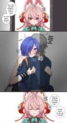 1boy 2girls animal_ear_fluff animal_ear_piercing animal_ears black_boots blue_hair blue_jacket blush boots braid braided_twintails caught commentary english_commentary english_text furry furry_female green_shirt grey_hair hair_ornament hair_over_one_eye half-closed_eyes highres implied_sex jacket long_hair multiple_girls na_(naneesan1) open_mouth pink_fur pink_hair promeia_(zenless_zone_zero) purple_eyes rabbit_ears rabbit_girl red_eyes screw shirt short_hair smile speech_bubble sphere_hair_ornament sweat thigh_boots wise_(zenless_zone_zero) zenless_zone_zero zhao_(zenless_zone_zero)