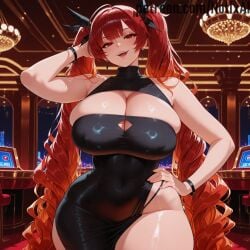 1girl 1girls ai_generated azur_lane big_ass big_breasts busty casino cleavage cleavage_cutout dress hair hair_ribbon highleg highleg_dress honolulu_(azur_lane) large_breasts long_hair notix red_hair thick_thighs thighs twintails very_long_hair