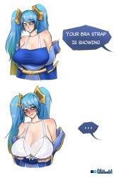 1girls 2026 areolae areolae_visible_through_clothing big_breasts blue_eyes blue_hair blush bra bra_strap breasts breasts_bigger_than_head casual_exposure color cutehornart english_text female flashing flashing_breasts hi_res huge_breasts league_of_legends light_skin lingerie meme partially_clothed ponytail sona_buvelle twintails white_bra