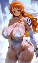 1girls ai_generated big_breasts bikini bra brown_eyes curvy curvy_body curvy_female curvy_figure earrings huge_breasts kyoru189 large_breasts light-skinned_female light_skin looking_at_viewer micro_bikini nami_(one_piece) no_panties one_piece orange_hair panties shao145 shiny_skin solo solo_female stockings tattoo wedding_dress