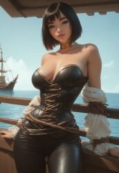 1girl ai_generated asian asian_clothing asian_female bangs bare_shoulders belt black_choker black_eyes black_hair black_legwear blue_sky blunt_bangs bob_cut breasts brixtos choker cleavage corset day dress female female_focus female_only leather leather_clothing leather_corset leather_pants leather_topwear lips looking_at_viewer medium_breasts original original_character outdoors pants pirate pirate_girl pirate_outfit railing rope ship short_hair sky solo solo_female solo_focus strapless strapless_dress watercraft