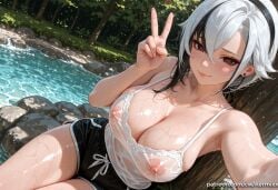 1girl ai_generated arlecchino_(genshin_impact) bangs bare_shoulders black_eyes black_hair black_shorts blush breasts camisole cleavage closed_mouth covered_nipples dolphin_shorts dutch_angle forest genshin_impact grey_hair hair_between_eyes kermixx large_breasts looking_at_viewer multicolored_hair nature nipples outdoors patreon_username red_pupils see-through selfie short_hair short_shorts shorts sitting smile solo streaked_hair symbol-shaped_pupils v water wet wet_clothes white_hair x-shaped_pupils