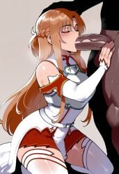 1boy 1girl ai_generated armor asuna_(blue_archive) asuna_(sao) bare_shoulders blush braid breastplate breasts brown_hair bunnyart02 closed_eyes clothing dark-skinned_male dark_penis dark_skin detached_sleeves dress fellatio female french_braid hand_on_another's_head hetero huge_penis interracial kneeling large_penis legwear long_hair long_sleeves male miniskirt netorare oral penis pleated_skirt red_skirt saliva short_ponytail skirt solo_focus sweat sword_art_online testicles thighhighs thighs veins veiny_penis white_armor white_belt white_dress white_legwear white_sleeves white_thighhighs yuuki_asuna