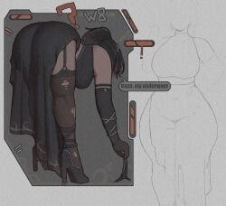 1girls big_breasts black_hair blush clothing clozzy01 female film_grain grey_background highres long_hair solo thick_thighs thighs tight_clothes wide_hips zenless_zone_zero zhu_yuan