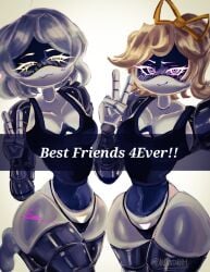 2girls blonde_hair breasts female female_focus female_only lanovata001 lizzy_(murder_drones) murder_drones panties peace_sign robots smile smiling thick_thighs thighs v_(murder_drones) white_background