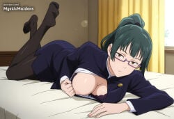 1girl ai_generated anime anime_style bed black_jacket black_pantyhose bra bra_pull breasts brown_eyes closed_mouth clothes_pull curtains full_body glasses green_hair hentai hi_res high_ponytail indoors jacket jujutsu_kaisen jujutsu_tech_uniform large_breasts long_hair long_sleeves looking_at_viewer lying maki_zenin mystic_maidens nipples on_bed on_stomach one_breast_out pantyhose patreon ponytail purple_bra school_uniform semi-rimless_eyewear shirt skirt solo the_pose underwear white_shirt zenin_maki