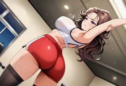 1girls ai_generated ass ass_focus black_thighhighs breasts brown_hair butt butt_focus female female_only goddess_of_victory:_nikke huge_breasts indoors ingrid_(nikke) large_breasts long_hair looking_at_viewer on_back pale_skin pale_skinned_female purple_eyes thighhighs thighs voluptuous voluptuous_female wavy_hair white_sports_bra