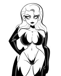 black_and_white breasts dc_comics fit fit_female gloves hand_on_hip large_breasts long_hair looking_at_viewer monochrome navel panties poison_ivy slim_waist smile stockings tagme thick_thighs topwear vanillasketchy voluptuous white_background white_body white_hair wide_hips