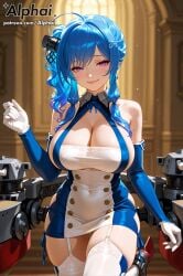 2025 2026 4k absurd_res absurdres ahoge ai ai-created ai-generated ai_art ai_assisted ai_generated alphai argyle_cutout azur_lane bare_shoulders blue_hair blue_trim blushing buttons cinematic_lighting cleavage_cutout close-up clothing_cut_out collared_dress colorful_background depth_of_field detailed_hair detailed_skin detailled_background dramatic_shadows elbow_gloves eyelashes eyeliner female_face garter_straps hair_ornament halter high_quality high_resolution highres naughty_face particles patreon patreon_link patreon_url patreon_username purple_eyes raised_eyebrows rigging rudder_footwear seductive_eyes seductive_smile short_dress side_ponytail sidelocks st._louis_(azur_lane) st._louis_(luxurious_wheels)_(azur_lane) stockings taut_dress two-tone_dress volumetric_lighting watermark white_dress
