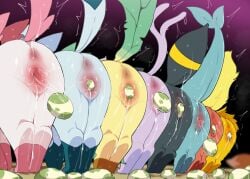 1boy 6+girls anus ass dagasi eevee egg egg_laying english_commentary espeon flareon from_behind glaceon highres jolteon leafeon multiple_girls pokemon pokemon_(creature) pussy pussy_juice sweat sylveon tail umbreon vaporeon