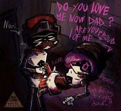 1girls 1male age_difference artist_logo english_text father father_and_daughter incest khan_(murder_drones) murder_drones nulogonepostal penetration purple_eyes purple_hair robot self_upload sex uzi_(murder_drones) worker_drone