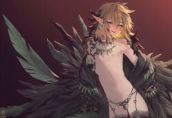 ai ai_art ai_generated almond_eyes androgynous artist:luxica blue_eyes chastity_cage cloak coat collar collars cosplay crossdressing cute earrings fancy_clothing feather_coat feathers femboy feminine_male feminization flat_chastity_cage garter_belt girly girly_boy golden_hair hylian hylian_ears link link_(breath_of_the_wild) link_(tears_of_the_kingdom) nintendo nipples novelai rauru's_arm romantic smile smiling tattoo the_legend_of_zelda trap twink uncensored