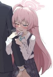 1boy 1girl ahoge arm_hug black_skirt blue_archive blue_eyes blue_necktie blush chest_harness clothes_lift collared_shirt commentary_request fang fingering halo hand_in_another's_panties harness heavy_breathing hetero heterochromia highres hoshino_(blue_archive) long_hair long_sleeves necktie open_mouth panties pink_hair pink_halo plaid_clothes plaid_skirt pussy_juice reach-around sakana_tsuri school_uniform sensei_(blue_archive) shirt simple_background skirt skirt_lift solo_focus standing steaming_body suit sweat underwear very_long_hair white_background white_panties white_shirt yellow_eyes