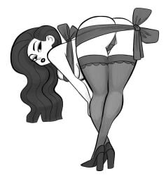 ass ass_focus back_view bent_over black_and_white breasts grey_hair hands_on_legs high_heels long_hair looking_back monochrome original original_character ribbons stockings tagme thick_thighs tied vanillasketchy voluptuous white_background white_body wide_hips