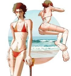 2d 2d_(artwork) arcane arcane_viktor beach beach_background bikini bikini_bottom bikini_top body_hair color colored digital_media_(artwork) feet feminine_male feminization leg_brace male/male male_in_bikini male_in_lingerie male_only milovanycaine pubic_hair red_bikini solo solo_male summer viktor_(league_of_legends) yaoi