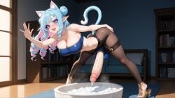 absurdres ai_art ai_generated animal_ear_fluff animal_ears artist:konekofuta ass bandeau bangs bare_arms bare_shoulders bent_over blue_eyes blush breasts brown_footwear cat_ears cat_girl cat_tail catgirl character:koneko cleavage collarbone couch covered_nipples crop_top detailed detailed_background dickgirl drill_hair ear_fluff elf erection eyelashes eyeshadow fang fangs full-face_blush full_body futa futanari hair_bun hair_ornament hairclip hand_up high_heels huge_penis indie_virtual_youtuber large_breasts leaning_forward lighting lips looking_at_viewer midriff multicolored_hair navel open_mouth outstretched_arm pantyhose penis pink_hair pointy_ears sandals shiny_clothes shiny_skin shirt shoes sidelocks skindentation skinny skinny_futa sleeveless slim slim_waist smile solo spread_legs standing steam stomach tail tail_raised taut_clothes testicles thigh_strap thighband_pantyhose toes tube_top two-tone_hair vase