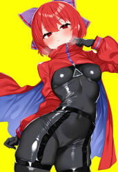 1girl 1girls akatsuki_records belly belly_button blue_bow blue_bowtie blue_ribbon blush blush_lines blushing bodystocking bodysuit bow bowtie breasts cameltoe cape cloak closed_mouth cowboy_shot daichi_(tokoya) dullahan embarrassed embarrassed_female hair_bow hair_ribbon half-closed_eyes latex latex_clothing latex_suit long_sleeves navel nipples nipples_visible_through_clothing pantyhose red_cape red_cloak red_eyes red_hair red_sleeves ribbon rock_n_rock_n_beat rokurokubi sekibanki short_hair skindentation small_breasts sole_female solo solo_female solo_focus standing steam steaming_breath stomach sweat sweatdrop sweating thick_thighs thighs touhou vagina_visible_through_clothing wide_hips wide_thighs yellow_background zipper