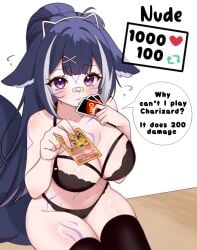 black_bra black_legwear black_panties black_stockings bodypaint bra cards female legwear moshiedraws orca_girl orca_tail panties shylily stockings strip_game trading_card underwear uno_(game) vtuber