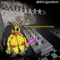 absurd_res animatronic anthro big_ass big_breasts big_butt big_nipples big_thighs bird caught chicken crouching digital_media_(artwork) dildo eyelashes five_nights_at_freddy's five_nights_at_freddy's_2 kneeling party party_hat robot robot_girl solo thiccgumbear thighs toy_bonnie_(fnaf) toy_chica_(fnaf) toy_freddy_(fnaf) wide_hips