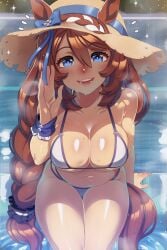 absurd_res absurdres ai_generated animal_ears bikini bikini_bottom bikini_top blue_eyes braided_bangs braided_hair braided_ponytail chubby cleavage hair_between_eyes high_resolution highres horse_ears horse_girl huge_breasts large_breasts long_brown_hair naticai skimpy_bikini super_creek_(umamusume) swimsuit thick_thighs umamusume umamusume_pretty_derby very_long_hair white_streak_hair