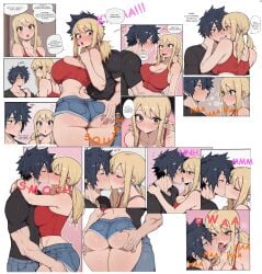 1boy 1girl ass black_hair blonde_hair breasts butt clothed comic couple fairy_tail gray_fullbuster groping hotpants kiss kissing lewd lucy_heartfilia naughty panels sexy tank_top text