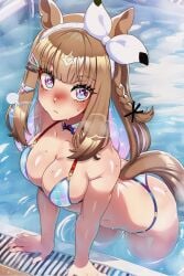 absurd_res absurdres ai_generated almond_eye_(umamusume) animal_ears bangs big_breasts bikini blue_inner_hair boobs braided_hair gradient_eyes hair_between_eyes high_resolution highres horse_ears horse_girl huge_breasts lavender_eyes light_brown_hair long_hair long_light_brown_hair micro_bikini naticai side_braid skimpy_bikini string_bikini umamusume umamusume_pretty_derby