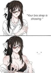 ... 1girls 2d artist_request big_breasts black_bra blush blushing bra bra_strap bra_strap_is_showing_(meme) breasts brown_eyes clothing comic embarrassed english_text female female_focus grabbing_own_breast jujutsu_kaisen light-skinned_female light_skin long_hair meme panels scar scar_on_face simple_background simple_shading solo surprised touching_breast utahime_iori white_background white_shirt