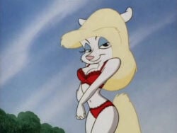 1girls ai_generated animaniacs blonde_hair bra female female_only furry furry_female furry_only minerva_mink panties red_bra red_panties screenshot_edit