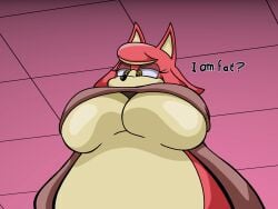 2026 2026s below_view big_breasts bottomless chubby chubby_female conductor's_wife_(sonic) dog_girl fat pointy_ears questioning sega sonic_(series) sonic_the_hedgehog_(series) the_murder_of_sonic_the_hedgehog top_only topwear underboob viewed_from_below
