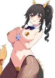1girl areola_slip arm_between_breasts between_breasts black_bow black_bowtie black_hair blush bow bowtie breasts commentary cowboy_shot detached_collar dot_nose dragon_horns eastern_dragon_horns fishnet_thighhighs fishnets hair_between_eyes heart_maebari heart_pasties highres horns large_breasts long_hair looking_at_viewer maebari navel pasties project-sp raised_inner_eyebrows small_sweatdrop stomach thighhighs virtual_youtuber wavy_hair wavy_mouth white_background yellow_eyes