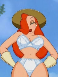 1girls ai_generated bra from_below hair_over_one_eye jessica_rabbit panties red_hair solo underwear underwear_only white_bra white_panties who_framed_roger_rabbit