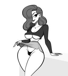 black_and_white black_eyes breasts cleavage earrings grey_hair hair_over_one_eye large_breasts looking_away monochrome necklace original original_character panties skirt skirt_lift slim_waist smile tagme thick_thighs topwear underboob underwear vanillasketchy voluptuous white_background white_body wide_hips