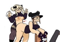 2girls against_chair areolae ass bent_over big_areola black_boots black_bow black_cap black_clothing black_eyes black_footwear black_glasses black_sleeves black_sweater black_tank_top blonde_hair boots bottomless bottomless_female bow bow_in_hair bows breasts brown_hair cap clothed clothed_female clothed_sex commission double_peace_sign double_v female female/female female_only fishnets footwear freckles from_behind glasses hair_buns hairbow half_naked hearts idontknow_art long_sleeves medium_hair multiple_girls nipples no_panties no_pants pale-skinned_female pale_skin peace_sign plushie ripped_clothing ripped_shirt roblox roblox_avatar sex simple_background skateboard sleeves small_breasts smile standing standing_doggy_style standing_sex stomach strap-on sweater tank_top thick_thighs thighs v white_background white_wings wings yuri