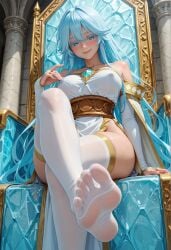 1girl absurd_res absurdres ai_generated anime_coloring bare_shoulders blue_eyes blue_hair blush blushing_at_viewer bridal_gauntlets cape colored_eyelashes crossed_legs detached_sleeves elfaria_albis_serfort feet feet_fetish feet_focus female_only flustered foot_fetish foot_focus from_below from_below_view gem illustrious_(stable_diffusion) legs_crossed long_hair nipples_visible_through_clothing pelvic_curtain pov presenting_feet rubbing_nipples sitting skindentation soles soles_female solo stable_diffusion strapless_dress thighhighs throne throne_room toes toes_visible_through_clothing tsue_to_tsurugi_no_wistoria very_long_hair white_stockings white_thighhighs wistoria:_wand_and_sword