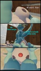 2boys 3d 3d_model ass_focus beach beach_shower comic dialogue espeon face_in_ass facesitting male/male male_only pokemon pokemon_(species) sitting_on_another sitting_on_face sitting_on_person vaporeon