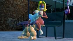 2girls 3d 3d_(artwork) anthro anthro_on_anthro ape ass ball bench blonde_hair breasts candy_kong crossover detrun donkey_kong_(series) duo eyelashes feet female female/female female_only furry furry_female furry_only grabbing_breasts hand_on_breasts interspecies lesbian lesbian_sex licking_pussy mammal mature mature_female nintendo nipples nude nude_anthro nude_female oral outdoors primate rouge_the_bat sega sex sitting sitting_on_bench sonic_(series) sonic_the_hedgehog_(series) tail wings yuri