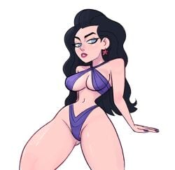 bikini bikini_bottom bikini_top black_hair blue_eyes breasts dc_comics earrings long_hair looking_at_viewer navel posing posing_for_the_viewer slim_waist tagme thick_thighs vanillasketchy voluptuous wide_hips wonder_woman wonder_woman_(series)