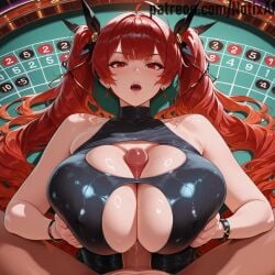 1boy 1girl 1girls ai_generated azur_lane big_ass big_breasts busty casino cleavage cleavage_cutout dress hair hair_ribbon highleg highleg_dress honolulu_(azur_lane) large_breasts long_hair male_on_top notix paizuri red_hair thick_thighs thighs twintails very_long_hair