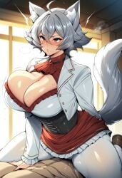 1boy 1girl abs ahoge ai_generated animal_ear_fluff animal_ears ascot black_corset blush bouncing_breasts breasts cat_ears cat_girl cat_tail cleavage cleavage_cutout clothed_sex clothing clothing_cutout corset cowgirl_position female fox_ears fox_girl frills gem genderswap genderswap_(mtf) girl_on_top grey_hair hair_between_eyes hetero huge_breasts implied_sex indoors jacket large_breasts linia_dedoldia long_sleeves male muscular mushoku_tensei novart01 nude on_top open_clothes open_jacket pantyhose red_ascot red_eyes red_shirt red_skirt sex shirt short_hair sitting skirt solo_focus straddling sweat tail thick_thighs thighs white_jacket white_pants white_pantyhose window wolf_ears wolf_girl wolf_tail