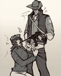 1boy1girl anne_mundy_(sniperriako) balls body_hair cum_drip drool_on_face drooling gun_in_mouth gunplay half_naked hearts jerkingoff masturbation on_knees partially_clothed precum pulling_down_pants selfship selfshipping smg sniper_(team_fortress_2) taller_male team_fortress_2 tf2 uncircumcised uncut yumeship yumeshipping