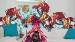 4girls animal_ears anthro blue_skin crocodilian dragon_girl feraligatr fully_clothed horns kinkymation large_breasts meme monster_girl nintendo pink_hair piper_perri_surrounded pokemon pokemon_(species) pokemusu red_hair screencap tail tan_skin trickywi vtuber yellow_eyes