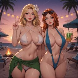 1:1 2girls ai_generated beach beach_umbrella belly_button bikini blonde_hair blue_eyes cleavage criss-cross_halter eyelashes flower_in_hair ginger_hair hair_over_shoulder holding_drink hourglass_figure inner_sideboob large_breasts lighting lipstick long_hair looking_at_viewer loose_hair lounge_chair micro_bikini midriff narrow_waist ocean palm_tree peace_sign pelvic_line rgomez007 sarong self_upload sideboob skindentation sling_bikini slingshot_swimsuit smiling_at_viewer stable_diffusion sunglasses_on_head sunset thick_lips thick_thighs underboob wide_hips