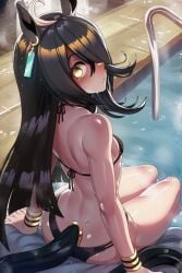ahoge animal_ears bikini black_bikini black_hair blunt_bangs flat_chest golden_eyes hair_between_eyes horse_ears horse_girl jet_black_hair long_bangs long_black_hair manhattan_cafe_(umamusume) micro_bikini naticai skimpy_bikini umamusume umamusume_pretty_derby white_ahoge yellow_eyes