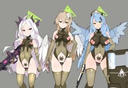 >:( 3girls ahoge ainagi alternate_costume alternate_halo angel_wings assault_rifle bar_censor bare_shoulders blue_archive blue_hair blue_wings braid breast_cutouts breasts brown_eyes brown_hair censored closed_mouth commentary_request corruption covered_navel demon_girl demon_horns demon_wings dildo elbow_gloves feathered_wings flower forehead frown gloves green_eyes grenade_launcher grey_background gun hair_between_eyes hair_flower hair_ornament hairclip halo handgun hat hina_(blue_archive) holding holding_gun holding_weapon horns kaiser_pmc_(blue_archive) large_breasts latex leotard lever_action long_hair looking_at_viewer low_wings machine_gun mg42 mind_control mine_(blue_archive) multiple_girls multiple_horns nagisa_(blue_archive) nipple_cutout nipples non-web_source nurse_cap object_insertion parted_bangs pubic_tattoo purple_eyes pussy rifle serious sex_toy shield shotgun sidelocks simple_background small_breasts smile standing tattoo thighhighs v-shaped_eyebrows vaginal vaginal_object_insertion variant_set very_long_hair walther_ppk wavy_hair weapon white_hair winchester_model_1887 wings