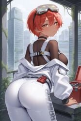 1girls ai_generated ass female female_only hammering_(nikke) on_back outdoors red_hair short_hair tan-skinned_female tan_skin white_pants