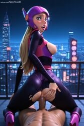 1boy 1girl ai_generated ass big_hero_6 blonde_hair blue_eyes breasts breasts_outside city cityscape hetero hi_res high_quality high_resolution honey_lemon lips lipstick long_hair makeup medium_breasts nipples patreon penis seductive sex sexy solo_focus spicytoonai straddling torn_clothes uncensored watermark